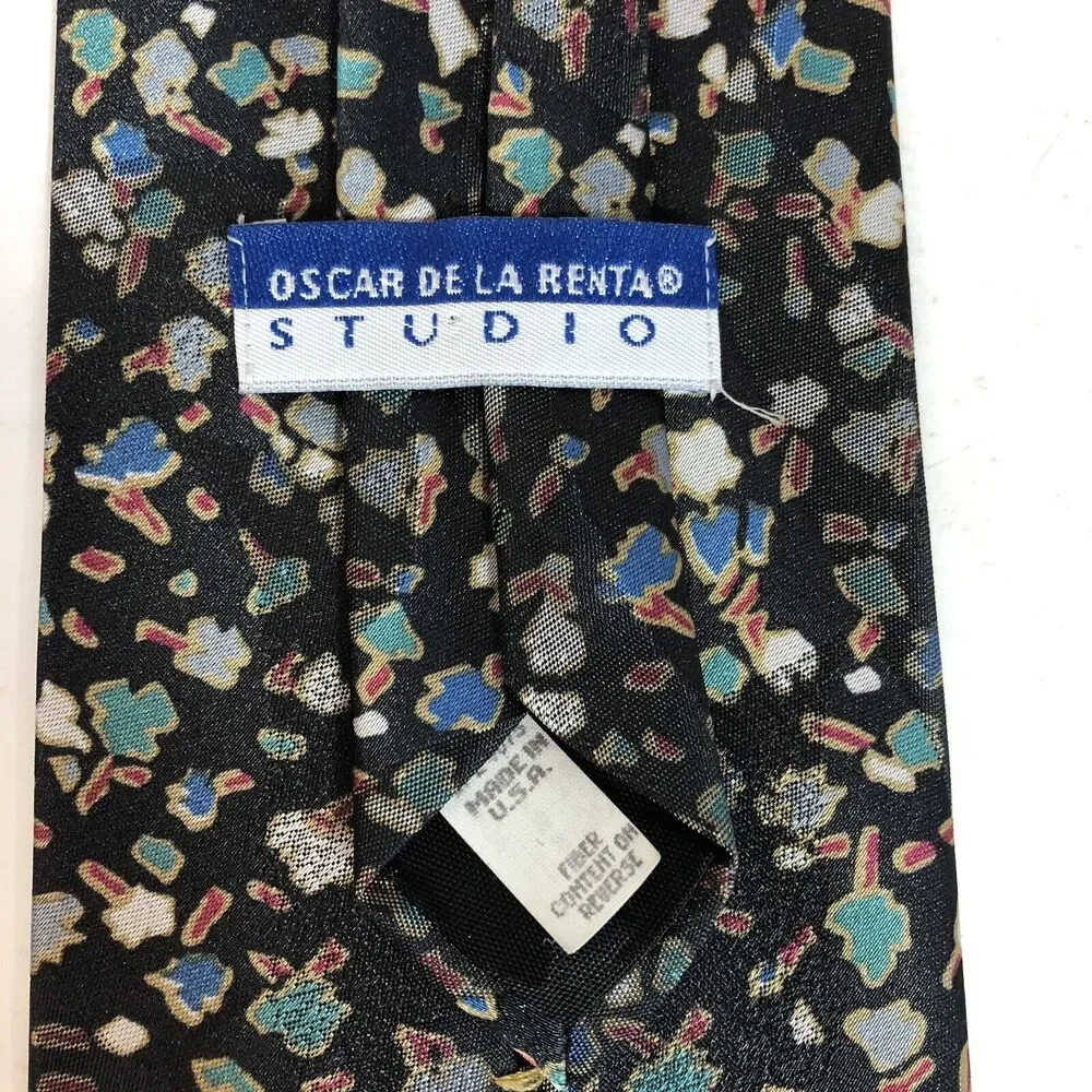 Vintage Oscar de la Renta Studio Tie Black Multicolor Geometric Print USA Retro